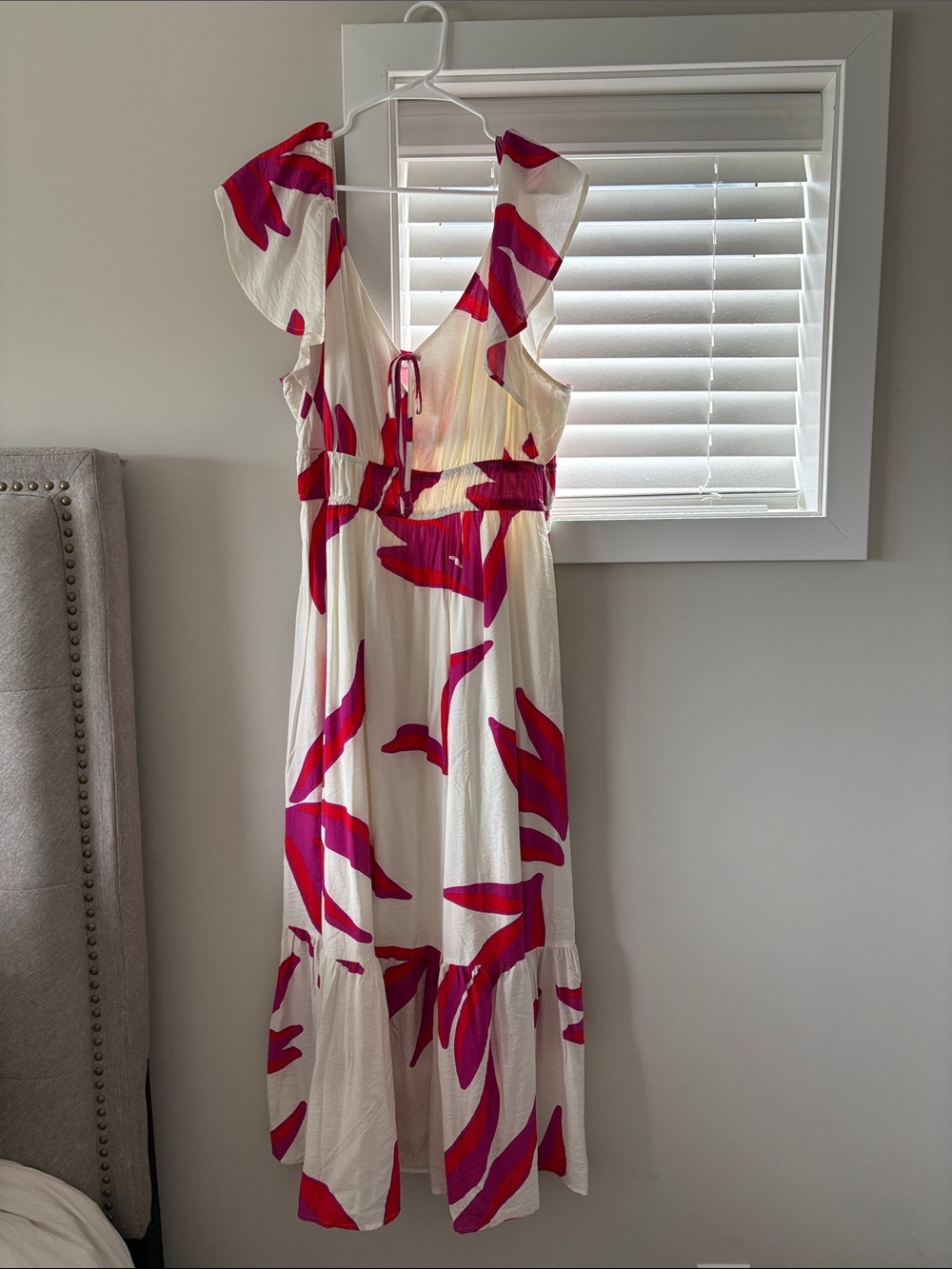 White and Pink Flutter Sleeve Maxi Dress
